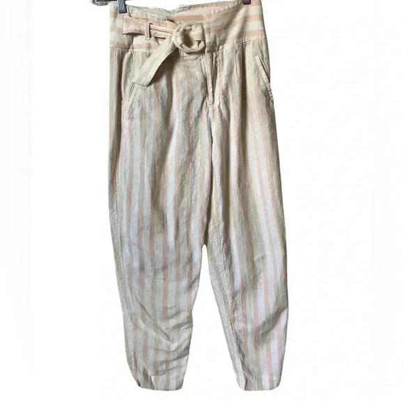 Anthropologie Oasis Striped Linen Tapered Leg Pants White and Pink - Picture 4 of 10
